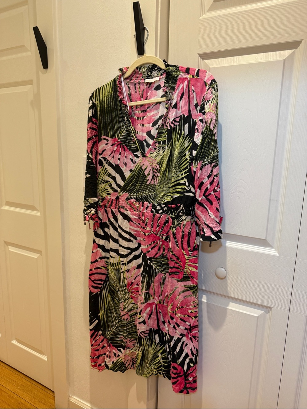 Tropical Leaf & Zebra Print Swim Coverup — Pink & Green